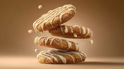 Buttery cookie vanilla drizzle golden crumb stacked dessert caramel tone soft focus sweet treat bakery style falling crumbs gourmet snack Joyful buttery cookie with vanilla drizzle, golden crumb