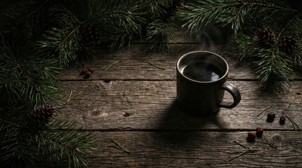 A dark ceramic mug filled with steaming hot coffee sits on a rustic wooden table. The composition is framed by evergreen pine branches and pine cones, creating a moody and cozy winter atmosphere.