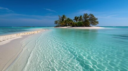 Experience the serenity of crystal-clear turquoise waters lapping gently onto pristine white sand, promising escape and relaxation on a tropical island paradise