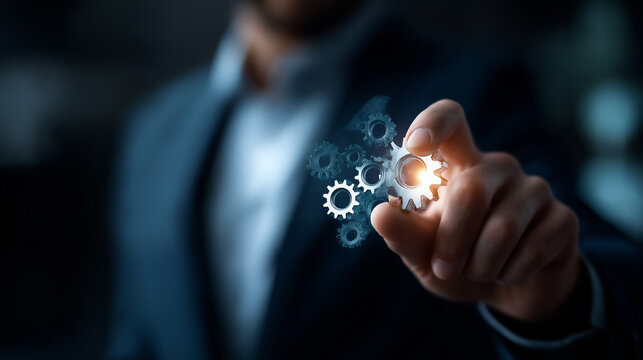 Professional touching virtual gears representing automation innovation faceless businessman defocused technology background mechanical process visualization digital