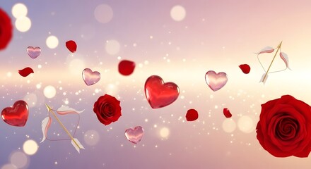 Romantic red rose petals and heart shapes floating in a dreamy light