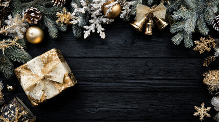 Copy space using a golden white gift box, Christmas tree bells