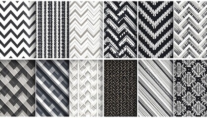 An array of diverse patterns in grayscale, arranged in a grid, showcases textile designs with a mix of textures