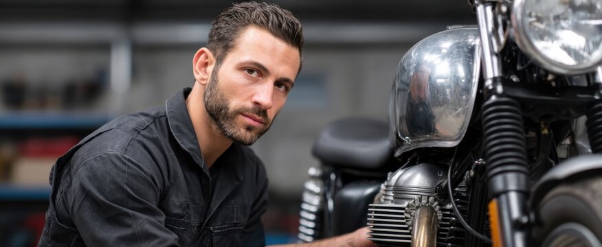 Motorcycle mechanic carefully examining a motorbike engine filled with focused determination and passion