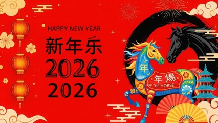 Happy new year 2026 of the horse celebration with vibrant festive design and lanterns