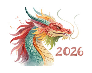 Watercolor Dragon Head Icon Chinese New Year 2026  isolated on white background