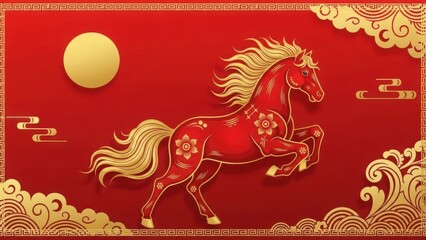 Fototapeta premium Chinese new year horse with golden pattern on red background, traditional celebration design