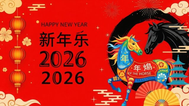 Happy new year 2026 of the horse celebration with vibrant festive design and lanterns