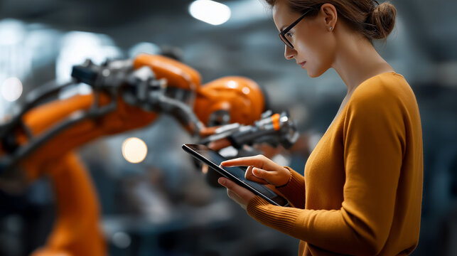 Robotic engineer automatic mechanic checking quality system automation arms faceless professional defocused factory background service programming machinery welding robots