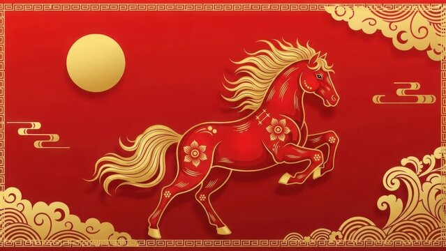 Chinese new year horse with golden pattern on red background, traditional celebration design - Powered by Adobe