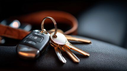 Close up shot of vehicle key and other keys attached to keyring defocused black leather strap background automobile access visualization security device display with copy space
