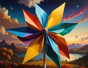 Colorful paper pinwheel set in idyllic landscape