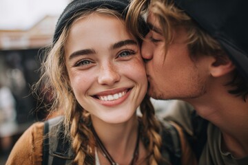 Close-up portrait of beautiful young woman smiling happily while being kissed on the cheek by her boyfriend showing love and affection