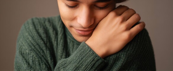 The gentle self-hug gesture conveys comforting and nurturing self-care emotions.