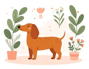 Charming cartoon illustration of a dachshund dog standing amid plants and flowers in pastel tones