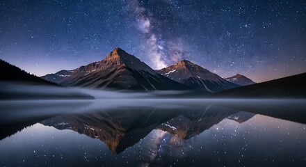 Mountains reflect milky way in calm lake under starry sky.