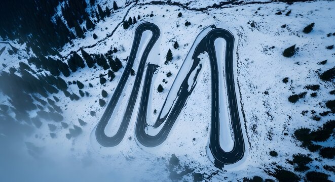 Winding Mountain Road, Winter Landscape, Aerial View, Curves - Powered by Adobe