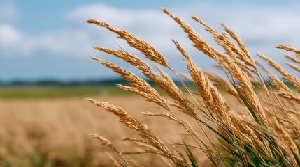 Fototapeta premium Golden Rice Paddies Swaying in the Gentle Breeze Under a Clear Blue Sky