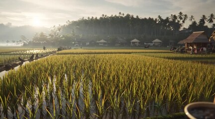 Start your day with a calming cup of coffee overlooking serene rice paddies at sunrise, a perfect moment of peace and tranquility to inspire creativity