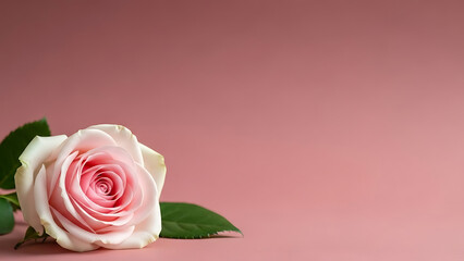Elegant pink rose blossom with green leaves on a pink background.