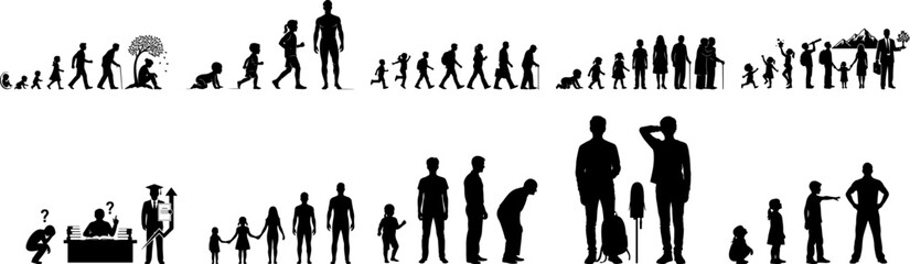 Human life cycle silhouette vector set from baby childhood adulthood maturity to old age concept