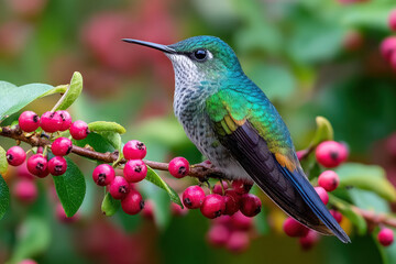 Fototapeta premium Colorful Hummingbird Perched on Branch with Pink Berries