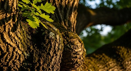 Sunlight illuminates mossy oak tree bark and green leaves.