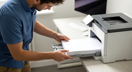 Person loads paper into a printer tray in an office.