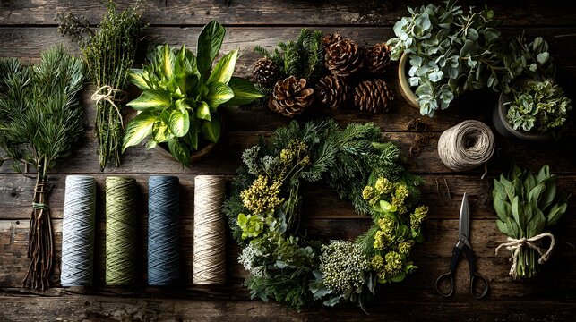Greenery and natural materials arranged on rustic wooden table, featuring pinecones, twine, and floral elements, creating a vibrant atmosphere for crafting and decoration - Powered by Adobe
