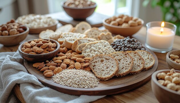 Delicious assortment of nuts and crackers on a rustic wooden platter, perfect for gatherings