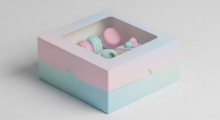 Pastel treats in a windowed box showcase delicate confectionery.