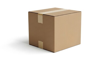 Cardboard box with tape on white background shows package delivery.