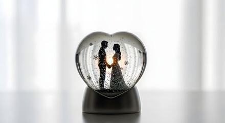 Romantic couple inside heart shaped snow globe on a table