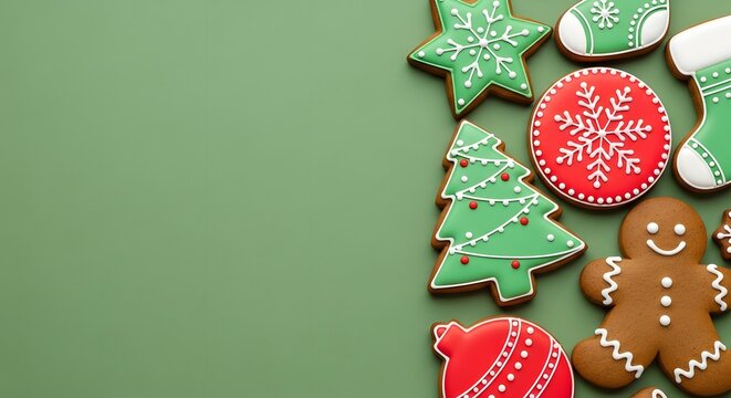 Christmas cookies, including gingerbread man, christmas tree, star, and snowflake designs, decorated with white and green icing, on a vibrant green background