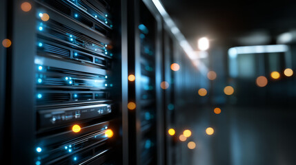 Rows of advanced servers glowing with blue lights in high tech facility defocused data center corridor background creating futuristic atmosphere technological infrastructure vis