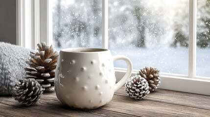 A white mug with a pattern on it sits on a wooden table next to pine cones. The scene is set in a snowy environment, with the window providing a view of the snow-covered landscape outside