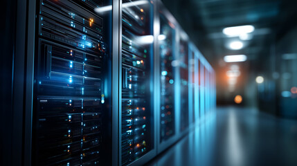 Rows of advanced servers glowing with blue lights in high tech facility defocused data center corridor background creating futuristic atmosphere technological infrastructure vis