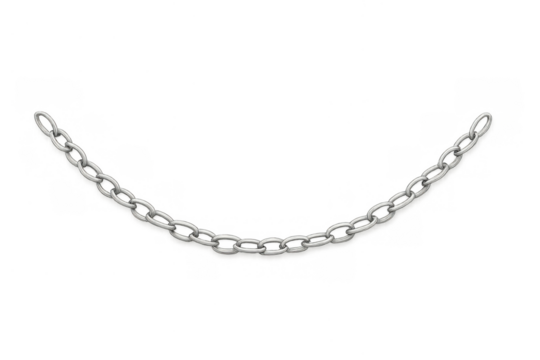 Metal chain forming a curve, representing connection, strength, security, and industrial design on transparent background