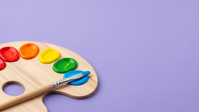 Wooden artist's palette with colorful paints and a paintbrush on a purple background. - Powered by Adobe