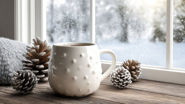 A white mug with a pattern on it sits on a wooden table next to pine cones. The scene is set in a snowy environment, with the window providing a view of the snow-covered landscape outside