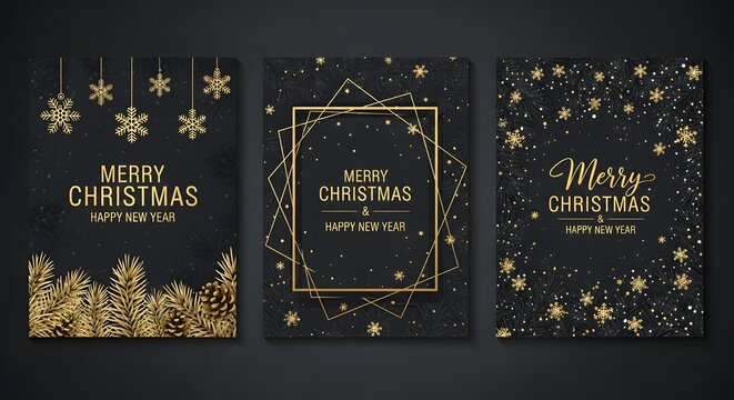 Elegant merry christmas greeting cards with golden glitter, sparkling snowflakes, and festive pine branches on a dark background, perfect for holiday - Powered by Adobe