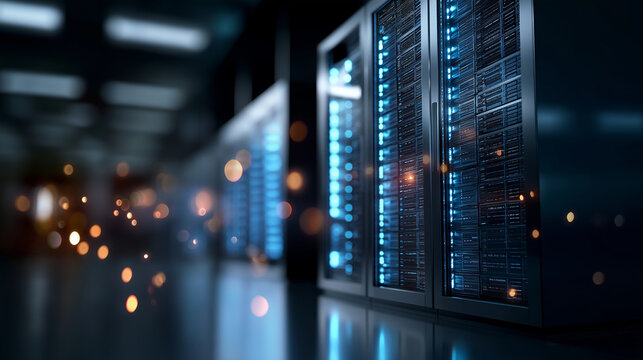 Rows of advanced servers glowing with blue lights in high tech facility defocused data center corridor background creating futuristic atmosphere technological infrastructure vis