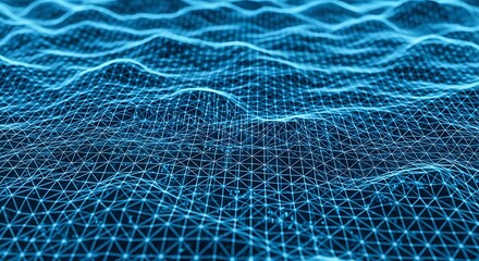 Abstract digital landscape of glowing blue networked dots and lines creating a wavy textured and futuristic terrain