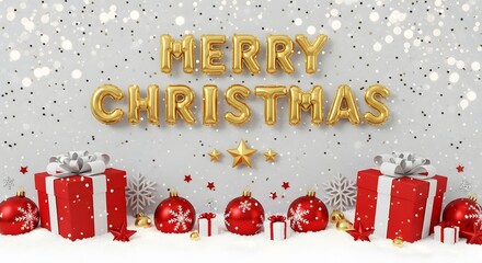 Golden merry christmas balloon text with festive red gift boxes, shiny ornaments, and sparkling snowflakes on a light, glittery background, perfect for holidays