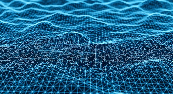 Abstract digital landscape of glowing blue networked dots and lines creating a wavy textured and futuristic terrain - Powered by Adobe