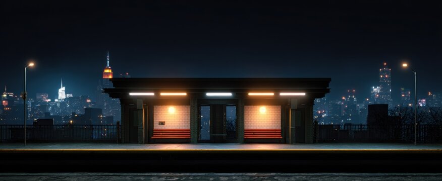 Nighttime scene of a vibrant urban subway station with brightly illuminated busy platforms