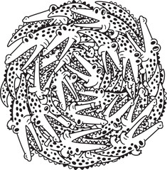 Fototapeta premium Alligator Circle of Reptiles Black and White Doodle Illustration