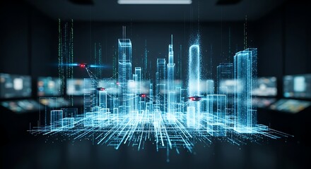 Futuristic holographic cityscape displayed in a dark control room with multiple screens showing data