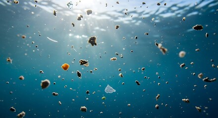 Debris and microplastics float underwater with sun rays piercing the blue.