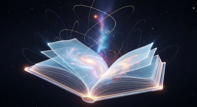 An ethereal glowing open book emanates a vibrant beam of light and cosmic particles into the darkness symbolizing knowledge and imagination